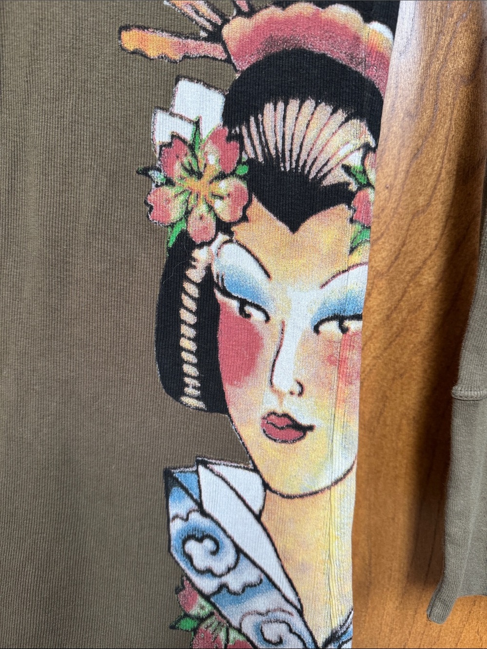 Ed Hardy Olive Green Long Sleeve V-Neck Tunic Graphic Tee - Picture 3 of 5